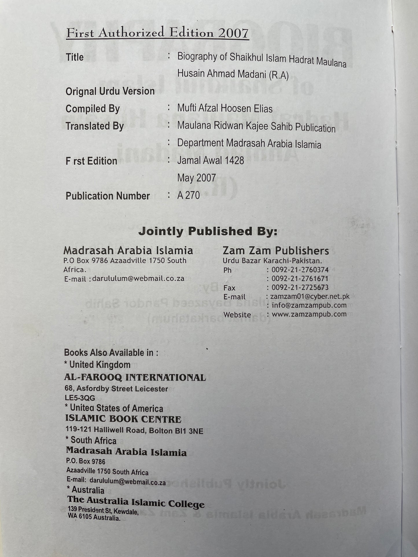 Biography Of Maulana Husain Ahmed